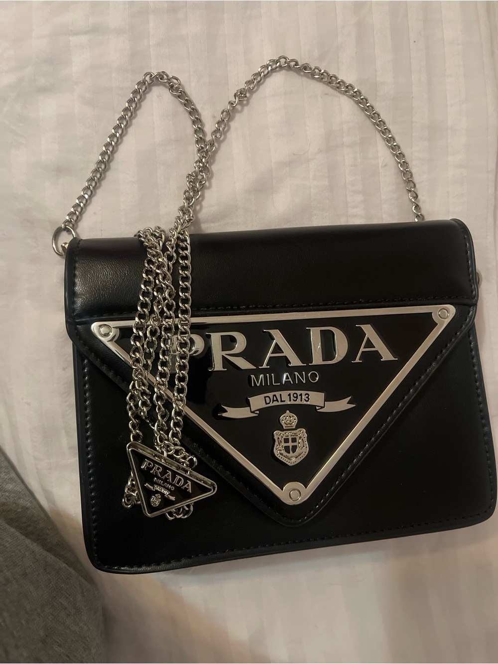 Prada Black Leather Triangle Logo Chain Crossbody